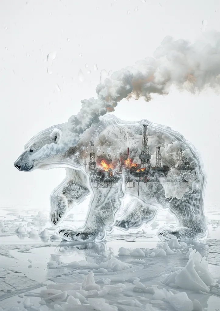 The image shows a polar bear made of ice, with an oil rig and smoke inside its body. The bear walks across a frozen landscape, highlighting the impact of climate change and pollution on polar bear habitats. The image is symbolic, suggesting the interconnectedness of nature and human activity.
