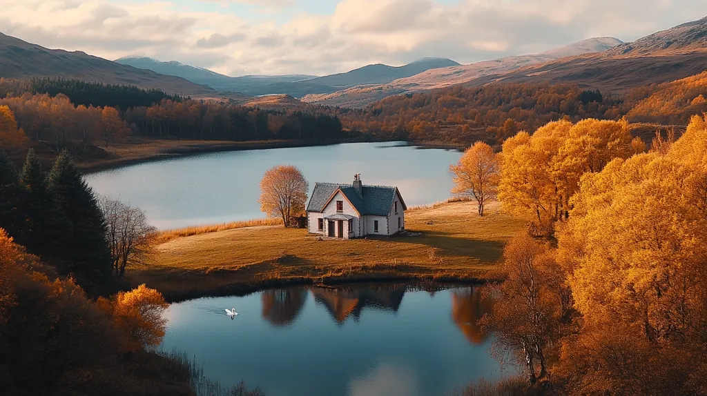 An aerial view of a secluded white house nestled on a small peninsula surrounded by a calm, blue lake. The house is situated amidst a vibrant landscape of golden autumn foliage, creating a picturesque scene of serene beauty. Lush green hills rise in the distance, framing the idyllic setting. The reflection of the house in the lake adds to the tranquil atmosphere.  A lone swan gracefully glides across the water's surface.