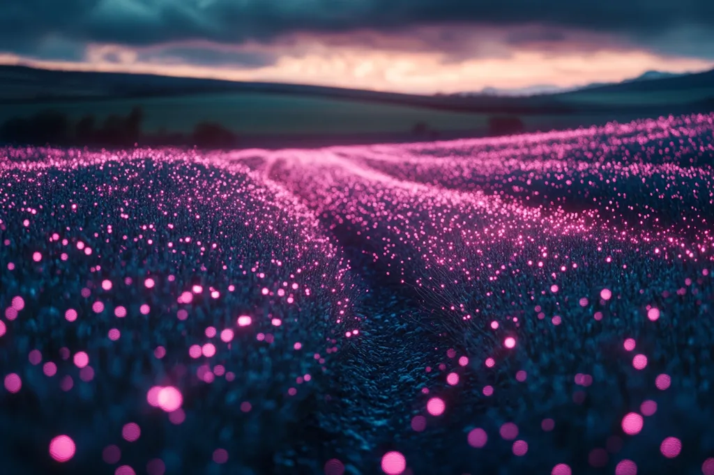 A field of glowing pink orbs shimmers in the foreground, creating a mesmerizing and otherworldly scene. The blurred background suggests a distant landscape with a soft, pink-tinged sky, adding to the dreamy atmosphere. The image evokes a sense of wonder and mystery, inviting the viewer to explore this ethereal realm.