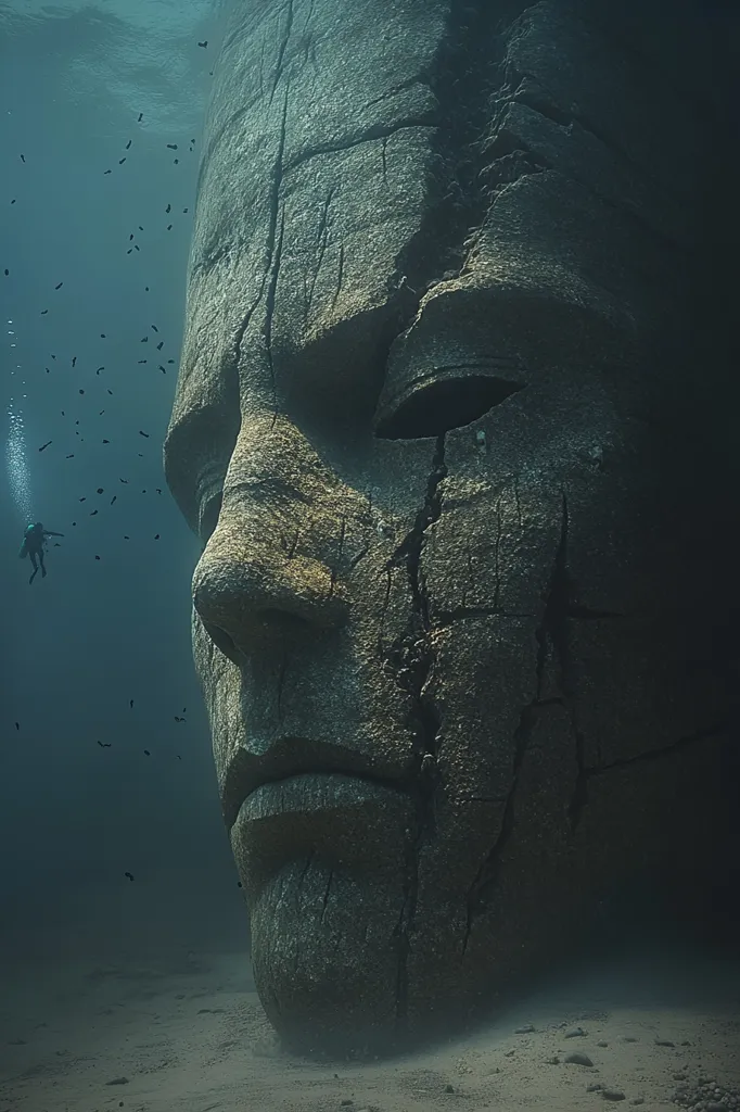 The image shows a giant stone face submerged in the ocean. The face is weathered and cracked, with one eye visible. A scuba diver is in the distance, dwarfed by the colossal sculpture. The murky water casts a blue hue over the scene, creating an eerie and mysterious atmosphere.