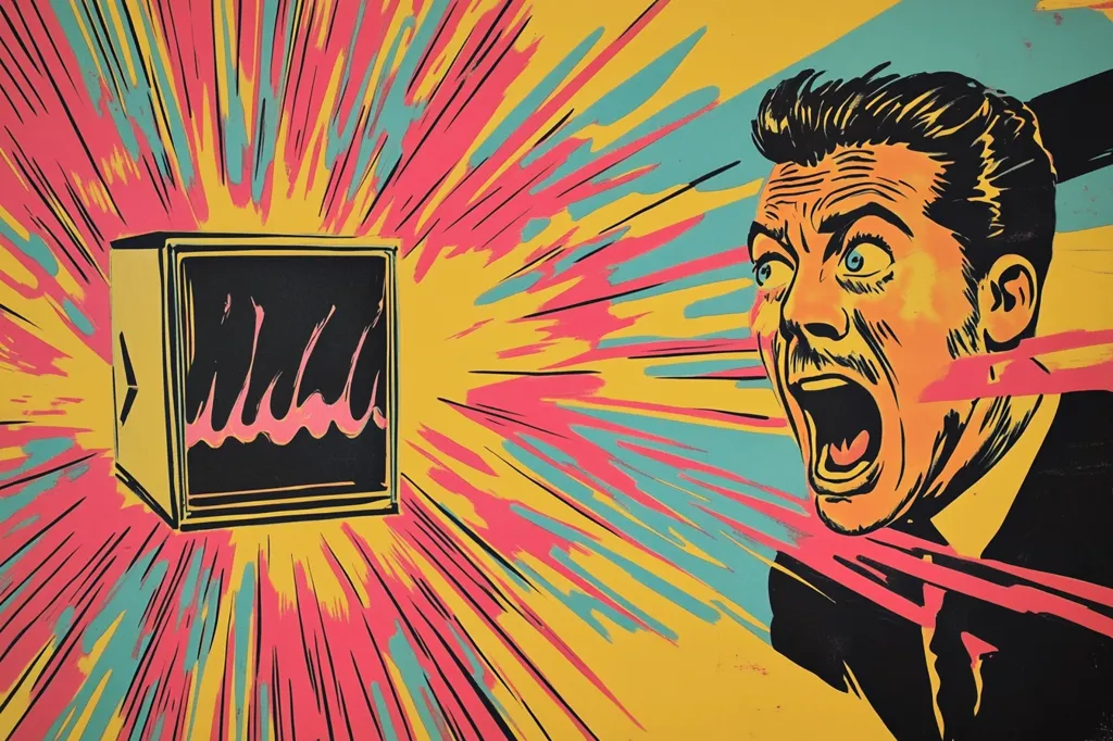 A man with a shocked expression is depicted in a graphic art style. He is standing in front of a large, yellow box with a black interior and pink fire emanating from it. The background is a burst of yellow, pink, and blue rays, creating a sense of motion and energy. The image evokes a feeling of surprise and excitement.