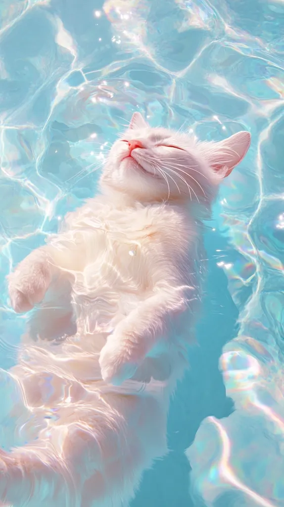 A white cat floats peacefully in a pool of turquoise water. The cat's eyes are closed and its body is relaxed, suggesting it is enjoying the cool water. The light refracts through the water, creating a shimmering effect.  The image captures a moment of pure serenity and tranquility.
