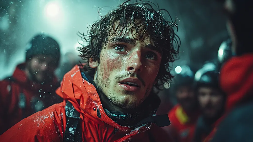 A young man with windblown hair and a concerned expression stares into the distance. His face is streaked with dirt and water, and he is bundled in a bright red jacket. He is surrounded by other people who are out of focus, suggesting a dangerous environment.  The image evokes a sense of urgency and tension.
