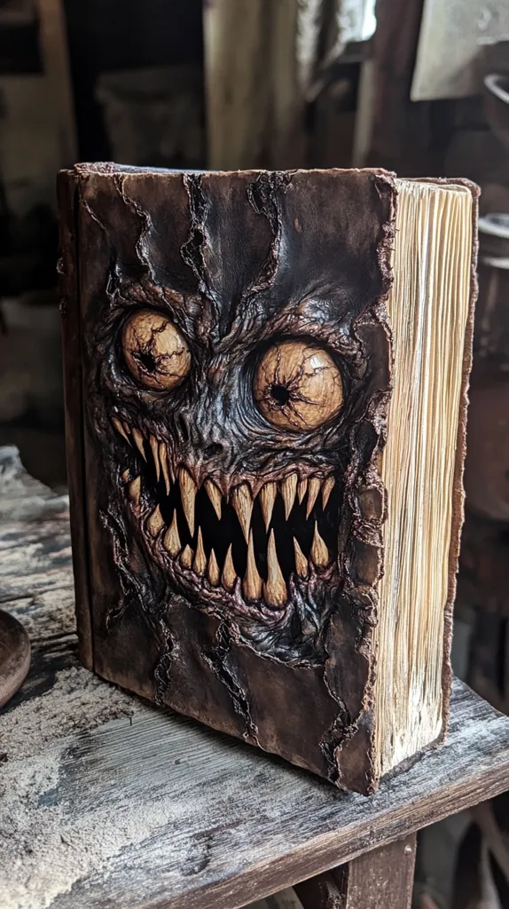 A leather-bound book with a grotesque, monstrous face sculpted onto the front cover. The creature has large, bulging eyes, a wide, gaping maw filled with sharp teeth, and a leathery, textured skin. The book is closed, revealing the spine's pages and a glimpse of the monster's horrifying expression. The book rests on a weathered wooden surface, creating a spooky and unsettling atmosphere.  The overall impression is one of dark fantasy and macabre beauty.