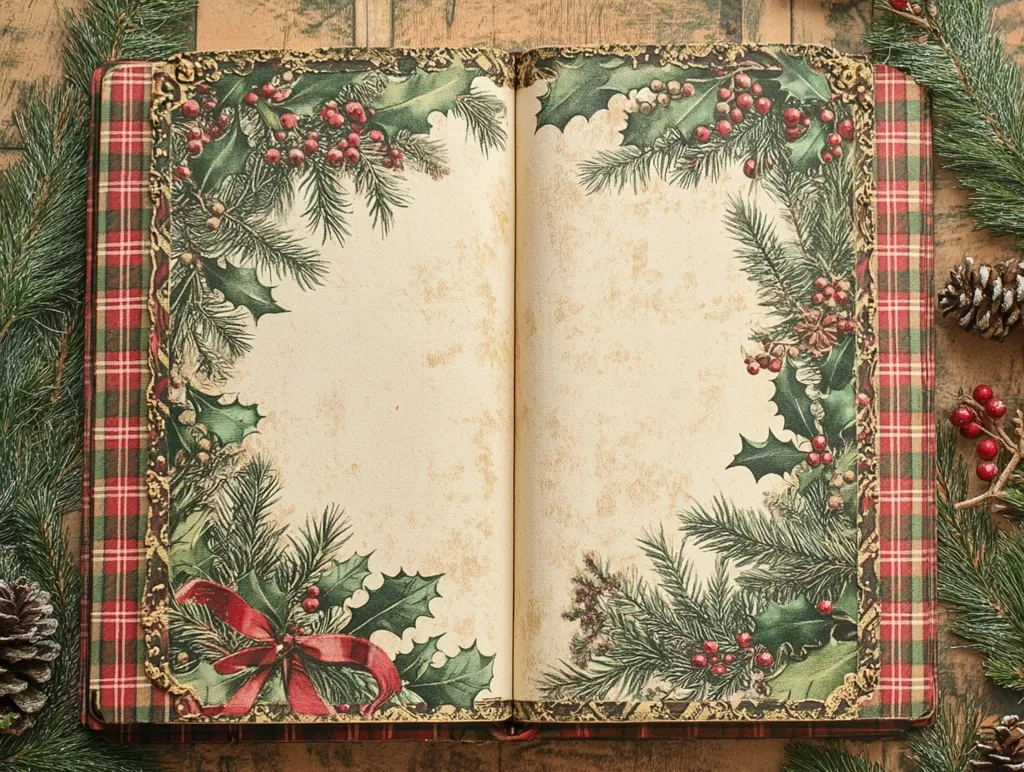 An open book with a  blank, vintage interior is framed by a decorative border of green holly sprigs, red berries and gold accents. The book has a plaid cover and is lying open on a rustic wooden surface, surrounded by pine branches and pine cones. The image evokes a cozy and festive Christmas atmosphere.