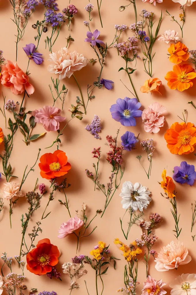 A pastel-toned background is covered in a variety of colorful flowers in various shades of pink, red, orange, blue, and white. The flowers are arranged in a seemingly random pattern, creating a visually appealing and textural floral display.  The delicate stems and leaves add to the overall beauty of this floral arrangement.
