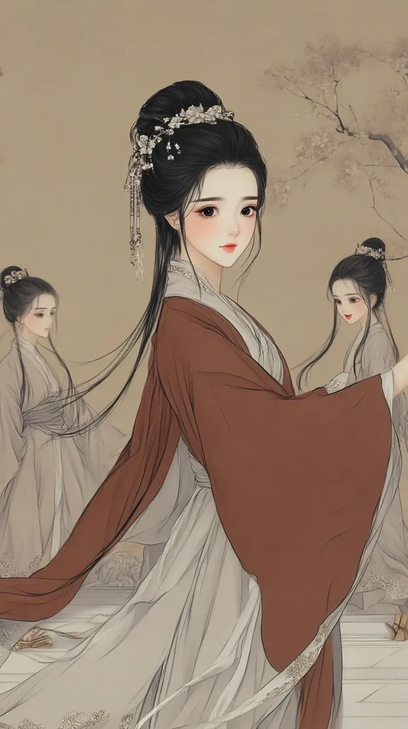 The image depicts three women dressed in traditional Chinese attire. The woman in the center is the focus, wearing a long, flowing white robe with a brown sash and elaborate hair ornaments. The other two women are slightly out of focus, standing behind her, also in elegant clothing. The scene is rendered in a delicate and ethereal style, with soft colors and a gentle atmosphere.