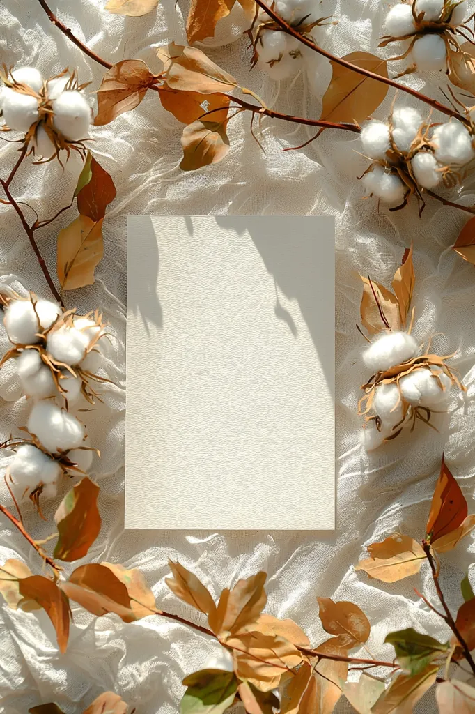 A blank card sits on a white fabric background surrounded by brown leaves and white cotton flower buds. The light from a window creates a soft shadow on the card. The image is a beautiful and simple composition of nature.