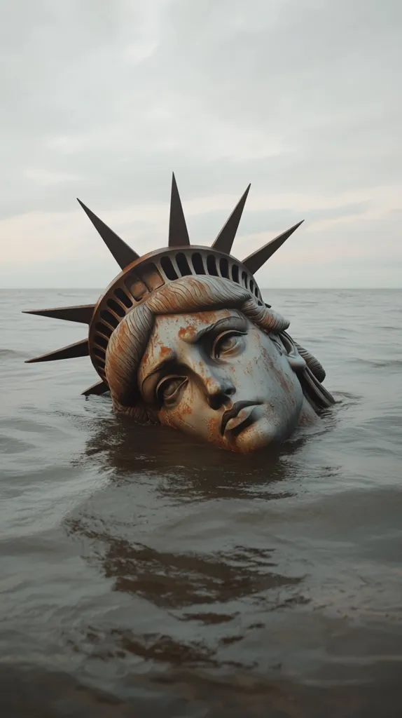 The Statue of Liberty's head, submerged in water, faces the viewer with a solemn expression. The rusted metal of the statue contrasts with the choppy, dark water surrounding it, creating a sense of despair and the weight of the situation. The cloudy sky overhead further adds to the somber mood, suggesting a bleak future.