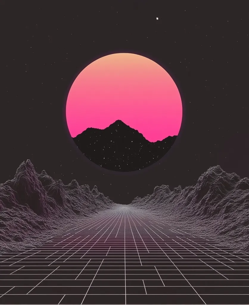 A large pink and orange orb hangs in the night sky, casting a glow over a vast, futuristic landscape. The ground is a grid of white lines, creating a sense of depth and perspective. The horizon is dotted with low, jagged mountains. The overall aesthetic is reminiscent of a retro-futuristic, 80s-inspired design.