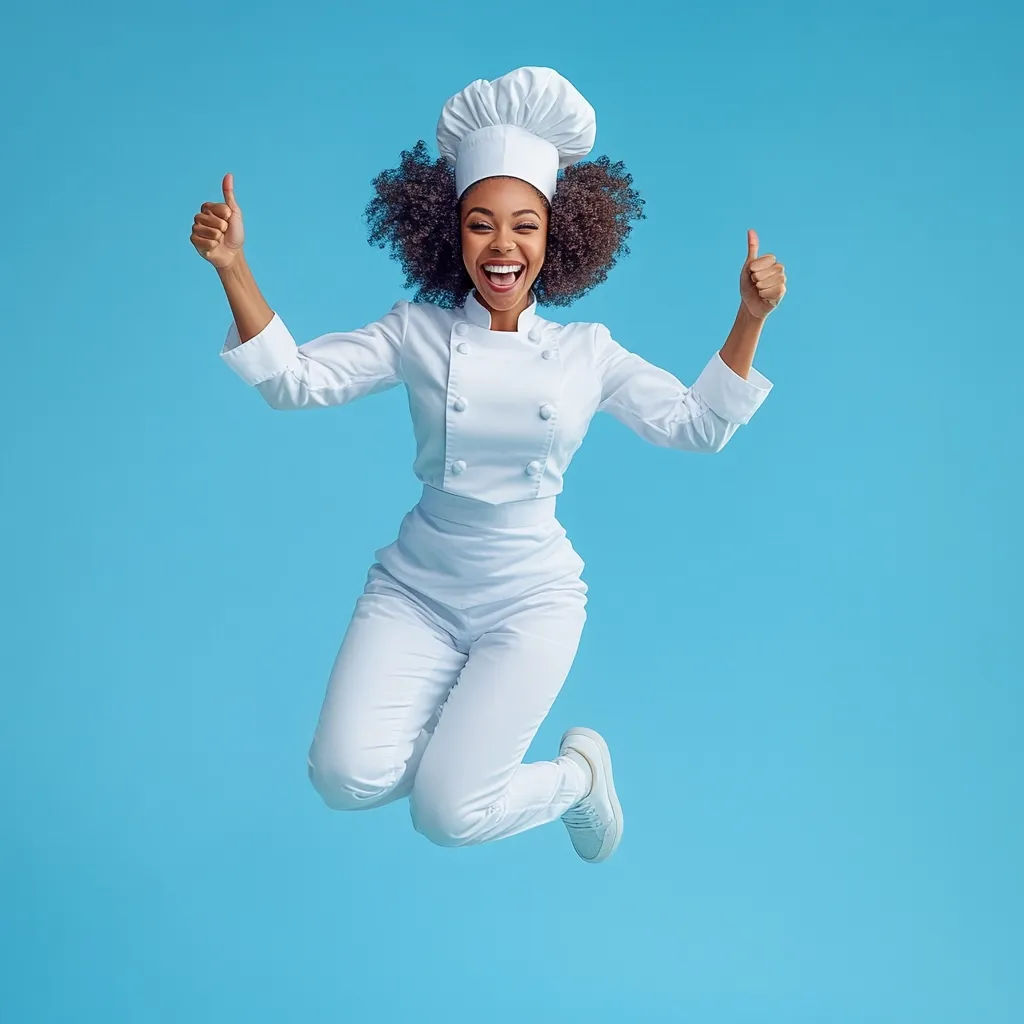 A young woman wearing a chef's uniform and hat jumps in the air with a big smile on her face. She has dark curly hair and is giving a thumbs-up with both hands. The background is a bright blue. She appears to be very happy and excited.