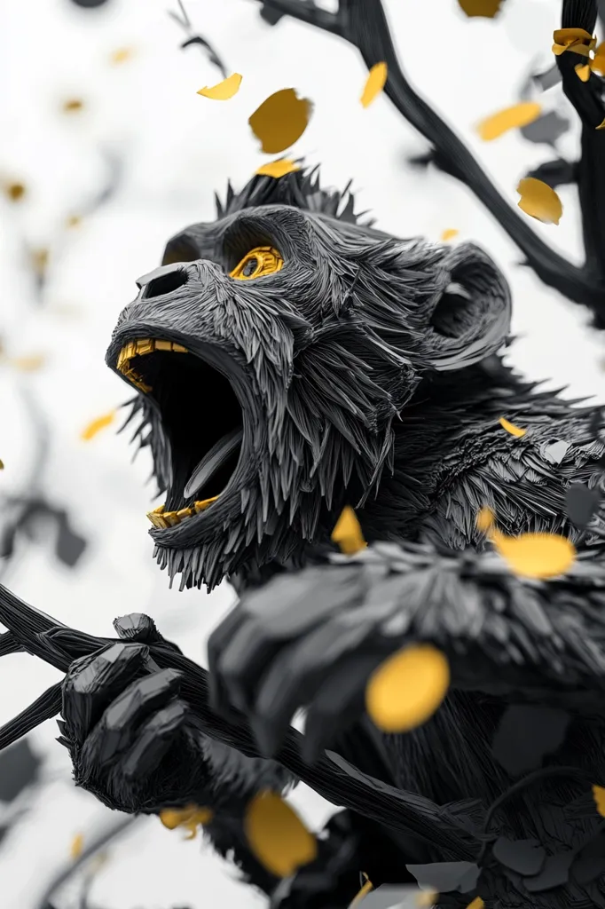 A black and white, paper-like sculpture of a monkey with golden eyes. It is positioned with its mouth open and its head tilted upwards. It appears to be climbing a tree with golden leaves. The image has a sense of abstract and surrealism.  The artist has used a distinct style for this piece.  It is a striking piece that captures the viewer's attention.