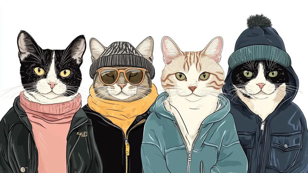 The image features four cats dressed in trendy winter outfits. The first cat is a black and white cat wearing a black leather jacket, a pink turtleneck sweater, and a black beanie. The second cat has brown and white fur and is wearing a black puffer jacket with a yellow scarf, and a beanie with sunglasses. The third cat is a light brown tabby cat wearing a blue hooded jacket with a white turtleneck. The final cat is a black and white cat wearing a dark blue jacket, a black beanie with a white pom pom. Each cat has a serious expression and their eyes are focused forward.  All of the cats are posed as if they're standing together for a photo.