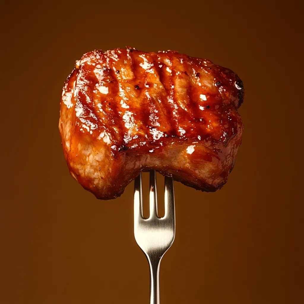 A perfectly cooked, glistening pork chop, with grill marks, rests on a silver fork. The fork is held against a rich brown background, highlighting the inviting texture and color of the meat. The chop appears juicy and flavorful, ready to be devoured.