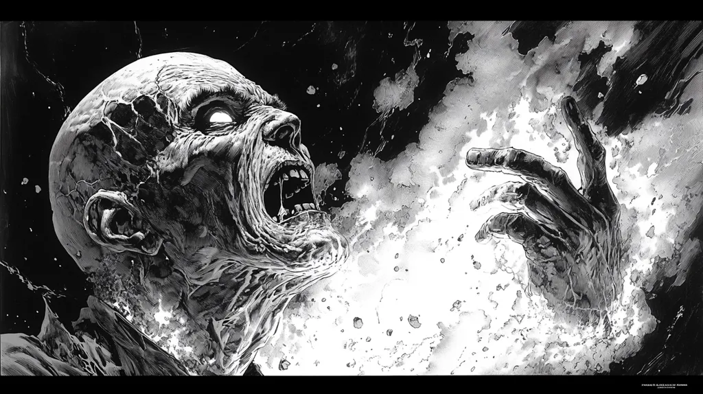 A black and white illustration of a monstrous, skeletal hand reaching out from a fiery inferno. The hand is contorted and gnarled, and the flames surrounding it appear to be swirling and intense. The image is filled with shadows and contrasts, creating a sense of dread and unease. The scene suggests a battle or a moment of great power and destruction.