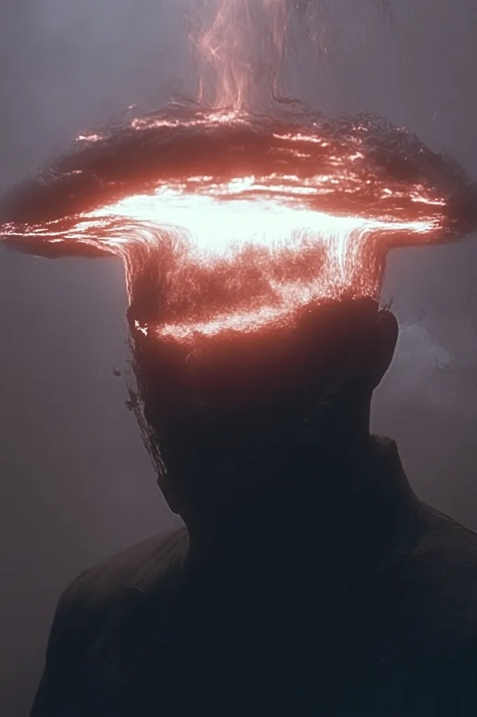 The image depicts a shadowy figure with a bright red and orange light emanating from their head. The light appears to be coming from a swirling, ethereal vortex, creating a sense of otherworldly power or energy. The figure is silhouetted against a hazy, gray background, adding to the mysterious and enigmatic atmosphere.  The overall impression is one of intense energy and potential.