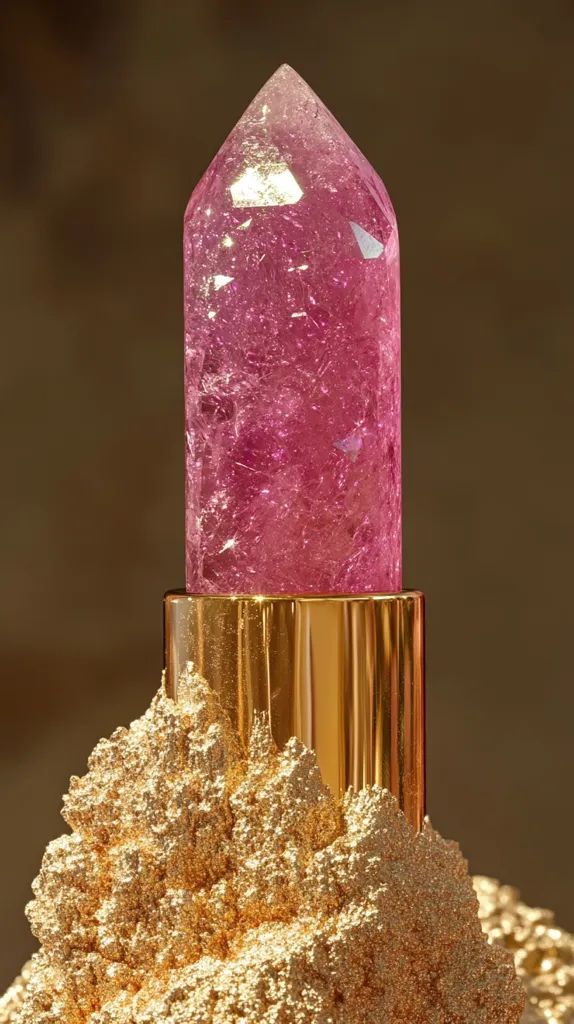 A large, faceted, pink crystal sits atop a golden base. It's surrounded by rough, golden textured material, making it look like a gem in a mountain. The crystal is polished to a shine, reflecting light. Its pink hue is vibrant and intense, drawing the eye. The golden base adds a touch of luxury to the scene.