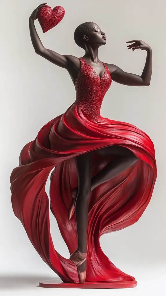 A  woman in a red dress and pointe shoes, with a red heart held high,  is sculpted in a flowing, dynamic pose. The dress swirls around her, creating a sense of movement and energy. The sculpture captures a moment of passion and grace.