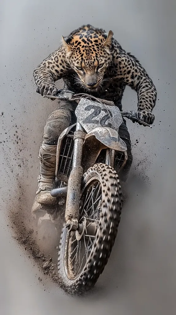A leopard-like creature is riding a dirt bike, kicking up a trail of dust behind it. It is wearing a full-body leopard print suit, with the head of the creature visible. The bike is black and white with a number "22" on the side. The image is gritty and action-packed, emphasizing the power and speed of the creature. The background is blurred and hazy, giving the impression of movement.  The image is a creative fusion of animal and machine.