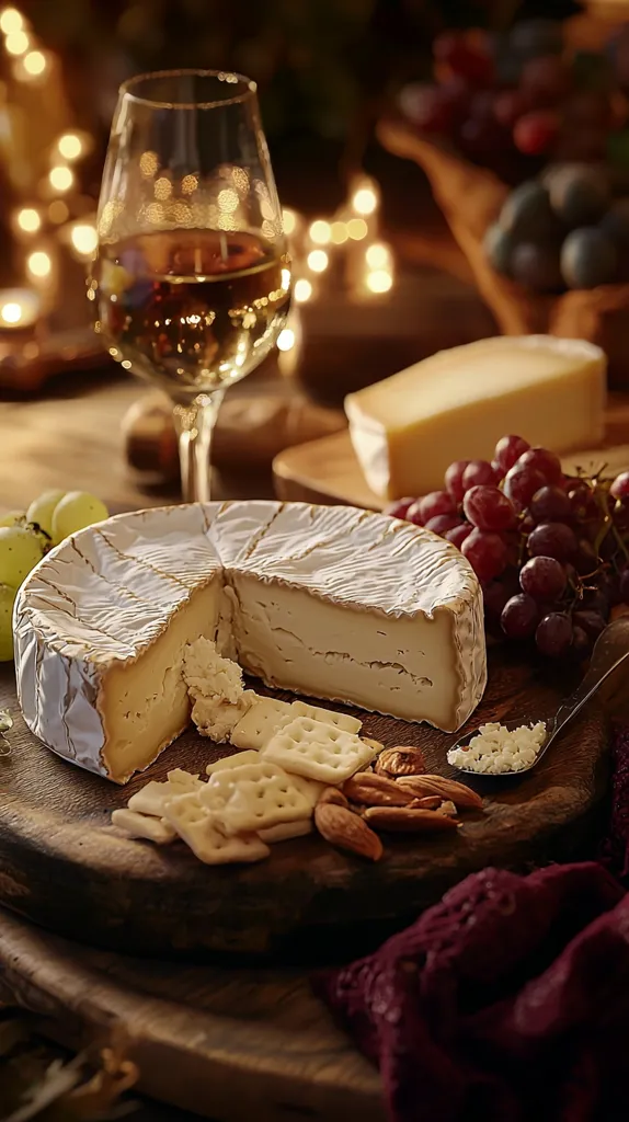 A round of brie cheese is sliced open on a wooden cutting board, surrounded by crackers, almonds, and a glass of white wine. A cluster of grapes and a block of cheddar cheese sit in the background, adding to the cheese and wine pairing. The scene is lit by warm, string lights, creating a cozy and inviting ambiance.