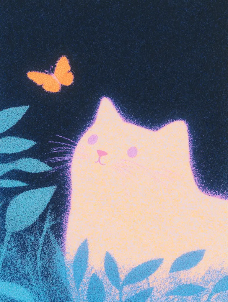 The image depicts a white cat sitting in the middle of a blue and purple textured background, with its head turned slightly to the right. A single orange butterfly is above the cat, slightly off-center. The cat's features are simplified, with two large pink circles for eyes.  The texture of the background makes it look like a painting.