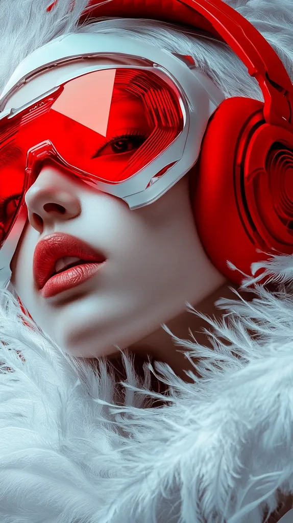 A close-up portrait of a woman wearing a white ski mask and large red headphones. The woman's face is partially obscured by the ski mask, but her red lips are visible. The woman is surrounded by white feathers. The image has a sleek, futuristic feel.