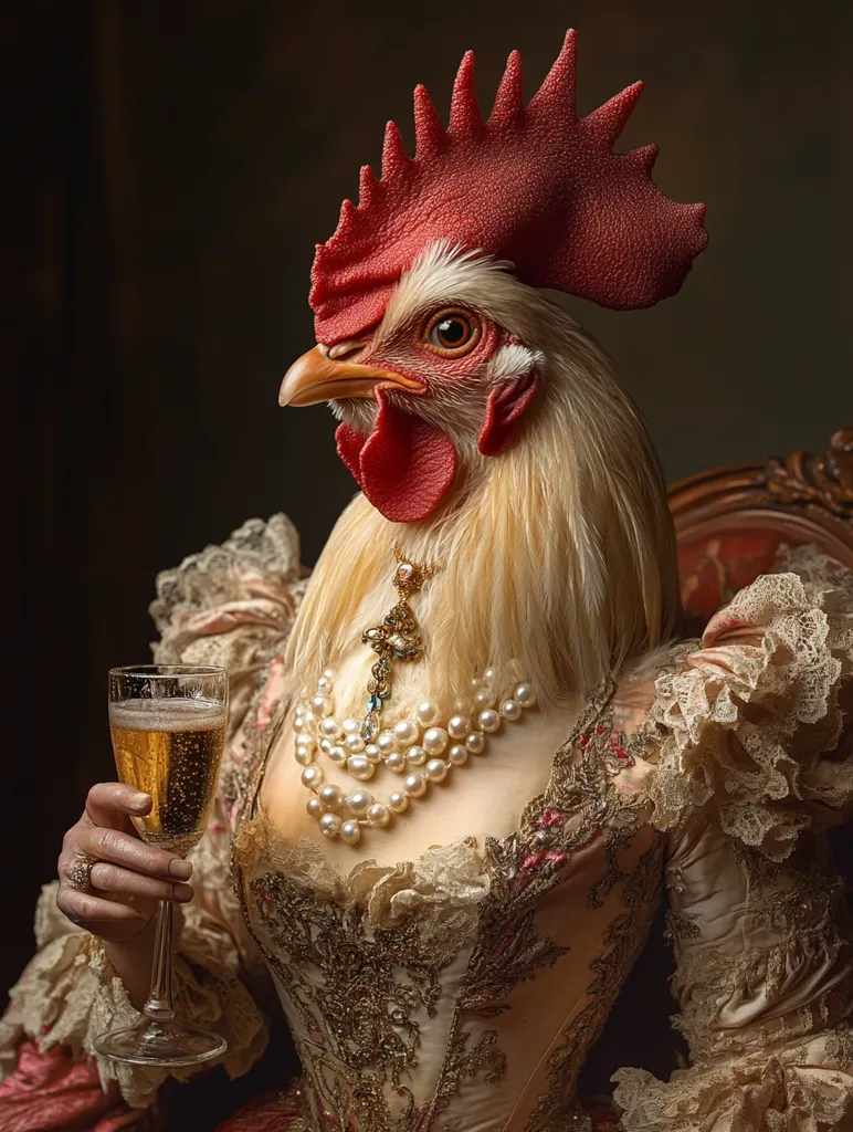 A rooster, dressed in an elaborate, gold and lace gown, sits in a chair and holds a champagne flute. The rooster has a bright red comb and wattle, and its feathers are white. The rooster appears to be enjoying the champagne. The image is humorous and whimsical.