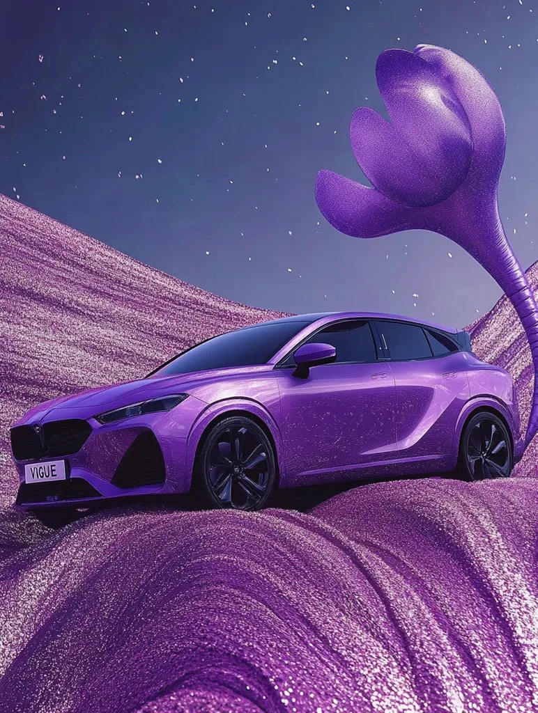 A vibrant purple car, labelled "VIGUE", sits atop a shimmering, purple, sand dune. A large, purple, flower-shaped object with a long, trailing stem, stands behind the car. The scene is set against a starry, purple, night sky.  The image creates a surreal and dreamlike atmosphere.
