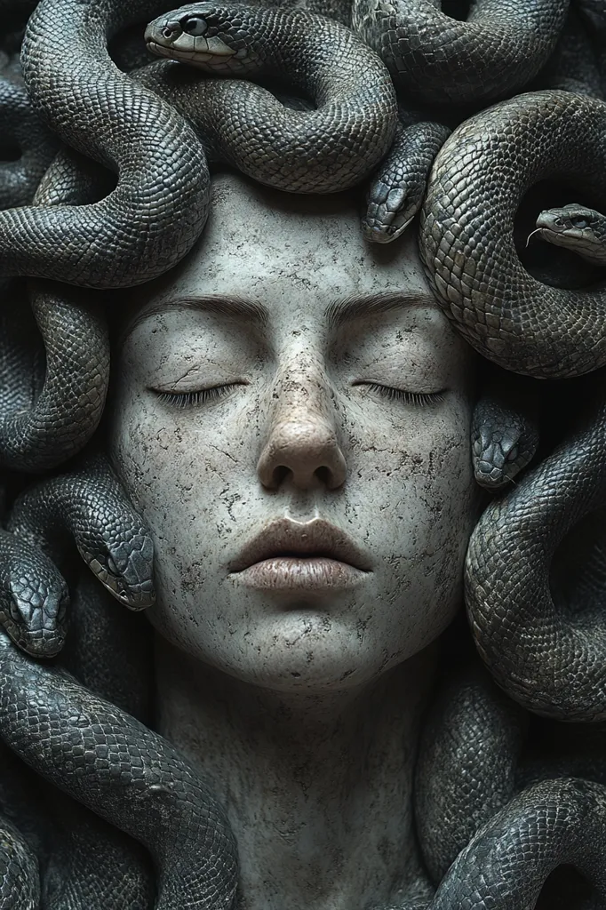 The image shows a close-up of a woman's face, her eyes closed, her skin textured like stone. Her head is completely covered in snakes, their scales and bodies intertwining around her head and neck. The image evokes a sense of ancient mythology, specifically the Greek myth of Medusa. The grey tones and the close-up framing create a chilling and haunting atmosphere.  The woman's serene expression contrasts with the danger of the snakes, adding to the image's captivating and unsettling nature.