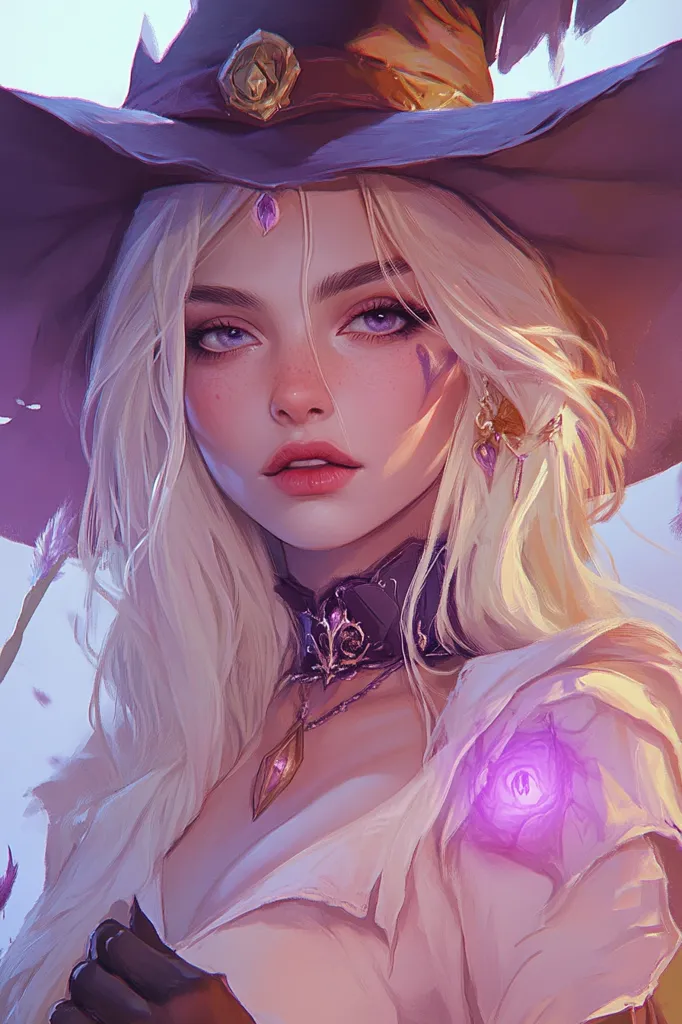 The image shows a beautiful woman with long blonde hair wearing a witch's hat. She has a soft, delicate face with purple eyes and a hint of blush on her cheeks. Her attire is a simple white dress with a purple choker and a pendant, and a glowing purple gemstone on her shoulder. The overall impression is one of ethereal beauty and magic.
