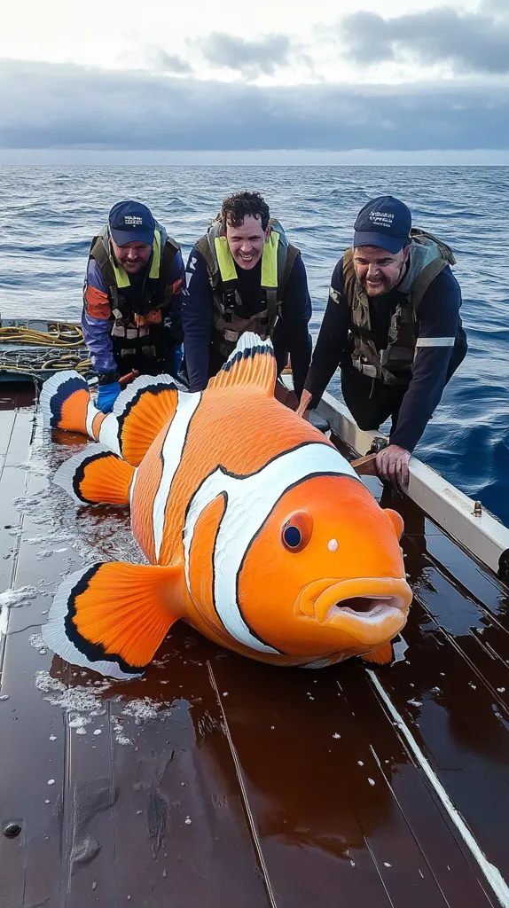 Three men in life jackets and hats are on a boat, holding a large, orange and white clownfish. The fish is lying on the wooden deck of the boat, with its mouth open. The ocean is in the background. The men appear to be amused. The fish is likely a prop or a giant inflatable toy. The scene is light-hearted and playful.