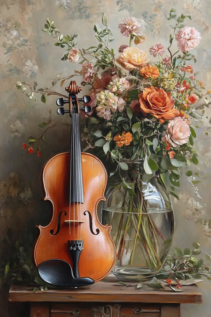 A violin rests on a wooden table next to a vase overflowing with pink, orange, and white flowers. The vase is clear glass and the flowers are arranged beautifully. The background is a soft beige with a subtle floral pattern. The light is soft and warm, casting a glow over the still life. The image captures a sense of quiet beauty and elegance.