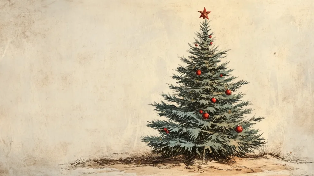 A hand-drawn illustration of a Christmas tree on a cream-colored background. The tree is adorned with red ornaments and a red star on top. It is set against a background that looks like old parchment paper, giving it a vintage feel. The illustration has a simple and elegant style.