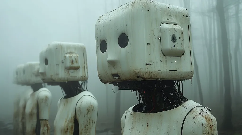 A group of humanoid robots with square heads and large eyes stand in a misty forest. Their white bodies are dirty and weathered, suggesting they've been in the wilderness for some time. The robots are facing forward, their expressions unreadable, creating an eerie and unsettling atmosphere. The fog obscures the background, adding to the sense of mystery and isolation.