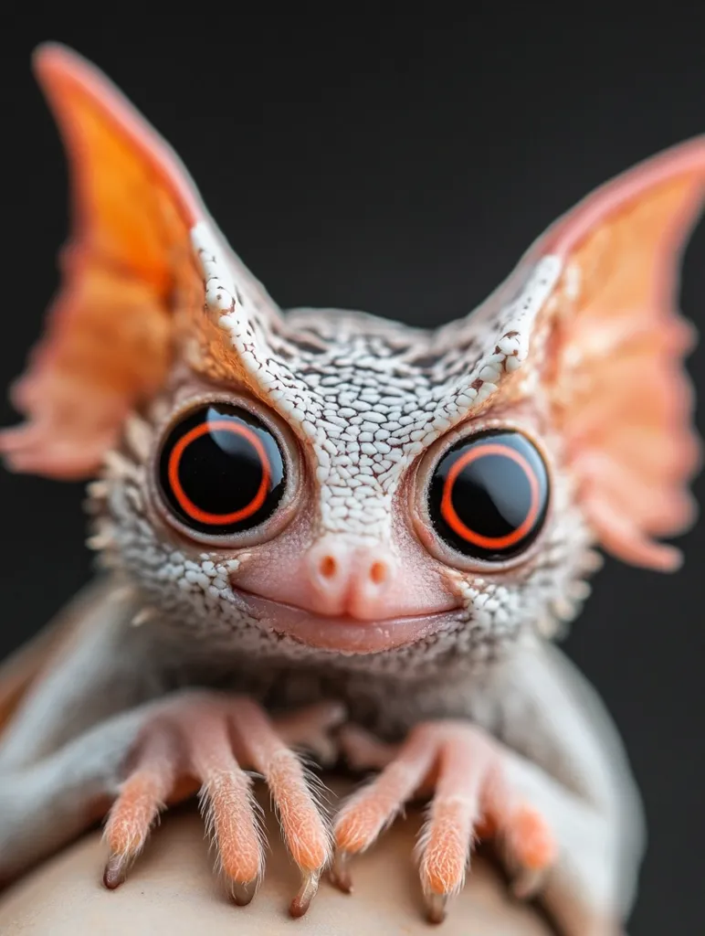 A small, white and orange creature with large, round, red eyes and a wide, toothy grin. The creature has large, pointed ears and long, thin fingers. It is perched on a hand, its tiny body almost entirely covering the hand. The background is dark, highlighting the creature's bright colors and unique features. The creature appears friendly and curious, its expression suggesting a playful and mischievous nature.