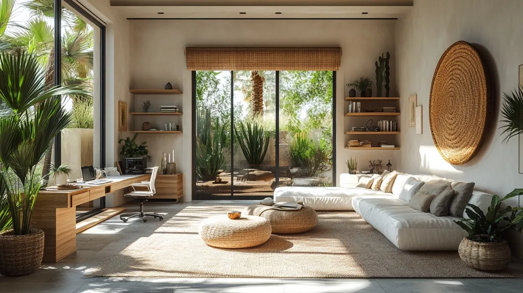 The image shows a modern living room with a large, white sectional sofa and a desk in the corner. The room is decorated in a natural style with wicker accents, a woven wall hanging, and large windows that overlook a lush, tropical garden. Sunlight streams through the windows, casting a warm glow on the room. The overall aesthetic is calming and inviting.