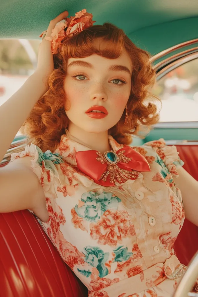 A young woman with bright red hair sits in a vintage car, her hand resting on the headrest. She's wearing a floral dress with a large, red bow adorned with a jeweled brooch. She has a bright, innocent look, with rosy cheeks and red lipstick. The warm lighting creates a nostalgic and romantic feel.