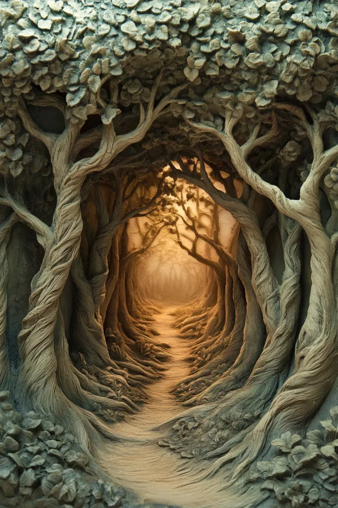 The image depicts a meticulously carved, three-dimensional scene of a winding path through a dense forest. The textured bark and intertwined branches create a sense of depth and realism, inviting the viewer to imagine walking along the path. The soft lighting at the end of the path creates a mysterious and enchanting atmosphere. The image is a testament to the artist's skill and creativity.