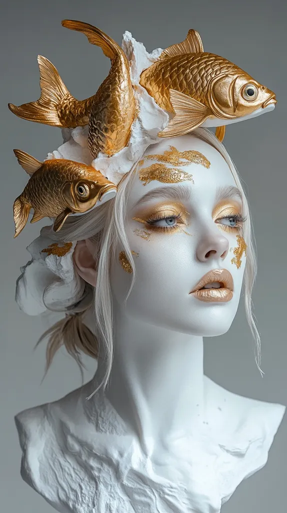 A white, sculpted bust of a woman with a crown of golden fish on her head. Her face is painted white with golden accents, creating a striking contrast. Her eyes are wide and blue, and she has a soft, feminine expression. The image evokes a sense of beauty, grace, and perhaps even divinity.