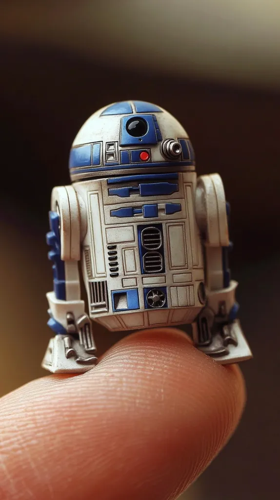 A small, detailed model of the Star Wars character R2-D2 is perched atop a human finger. The model is painted in the iconic white and blue colors, with intricate details on its body. Its rounded dome and small legs are visible. The model appears to be very small in scale, creating a playful contrast against the human finger. The background is blurred, emphasizing the focus on the miniature droid.