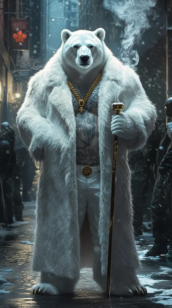 A large polar bear stands in the middle of a snowy street, wearing a long white fur coat, gold chains, and white pants.  The bear holds a golden cane in its right paw and has a serious expression on its face.  There are blurry figures in the background, and the ground is covered in snow and ice.  The bear appears to be a gangster, with a swagger and a menacing look.  The scene is a humorous juxtaposition of a powerful animal and a human gangster persona.