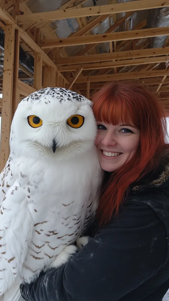A woman with long red hair is holding a snowy owl close to her face. The owl's yellow eyes are wide open, staring directly at the camera. The woman is smiling and appears to be enjoying the owl's presence. The background is a wooden framework, possibly under construction. The overall scene is one of friendly interaction between human and animal.