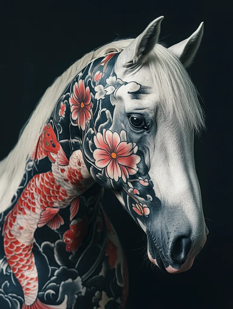 A white horse with a long, flowing mane is adorned with intricate Japanese-style tattoos. The tattoos cover the horse's face and neck, featuring delicate flowers, swirling clouds, and a large red koi fish. The horse's eye is visible through the tattoo, adding a touch of realism to the artwork. The dark background emphasizes the intricate details of the tattoos.