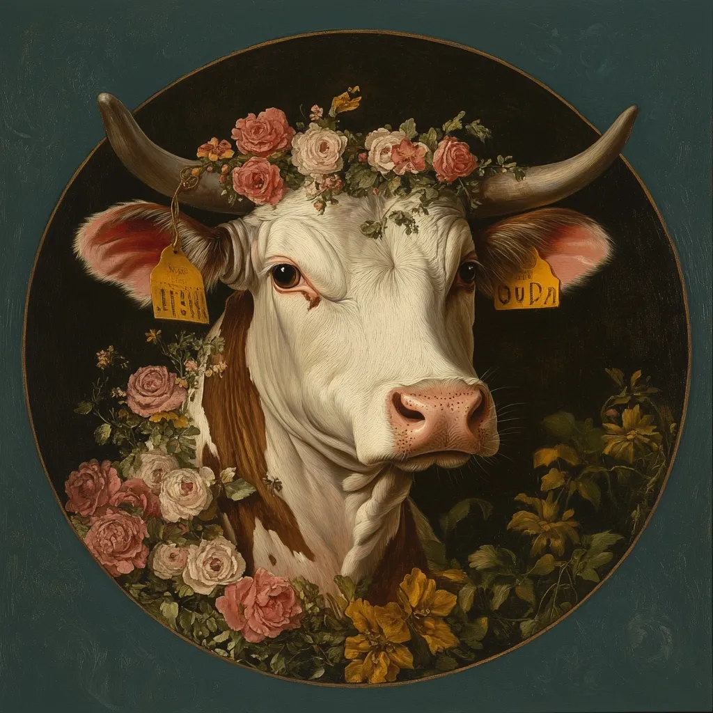 A white cow with brown patches and a pink nose is depicted in a circular frame against a teal background. The cow has a crown of pink roses and greenery around its head, and a yellow tag with the word "GOUDA" hangs from its ear.  The cow's face is focused on the viewer, and its expression is calm and gentle. Flowers surround the cow, adding to the feeling of serenity and beauty.  The artwork is a still life, highlighting the details and textures of the cow's features and the flowers.
