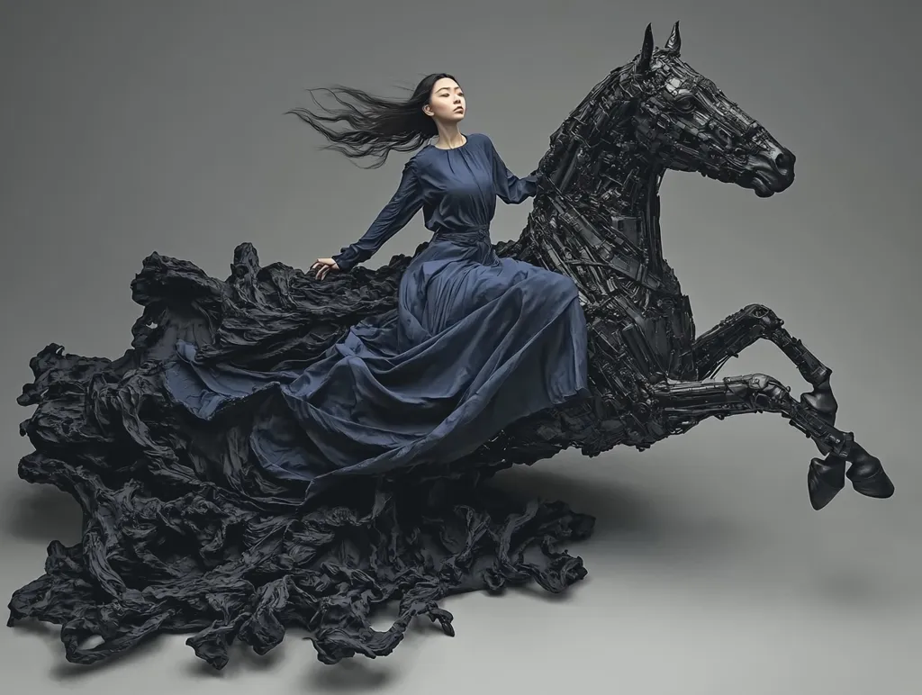 A woman in a flowing blue dress rides a black, mechanical horse that appears to be made of scrap metal. The horse rears up on its hind legs, creating a sense of motion and energy. The woman's long dark hair flows behind her as she looks out over the horizon. The image is a powerful and dramatic representation of strength and beauty.