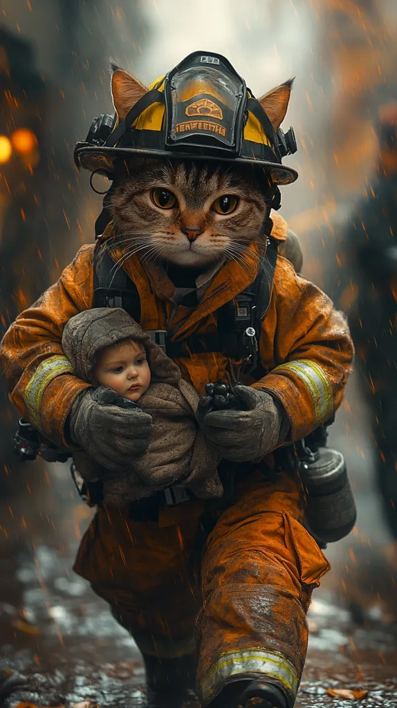 A cat wearing a firefighter's uniform and helmet rescues a baby from a burning building. The cat is wearing a yellow and orange fire suit with reflective strips and carries the baby in its arms. The cat is walking through a smoky and rainy environment, with the baby's head peeking out from the cat's arms.  The image is a humorous and heartwarming depiction of the bravery of firefighters.