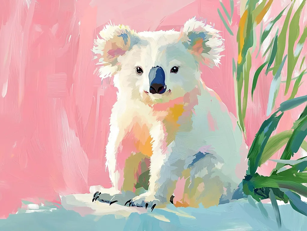 The painting features a white koala sitting on a light blue surface. The koala has large, black eyes and a fluffy white coat. The background is a vibrant pink with green leaves on the right side. The painting is done in a loose, impressionistic style, with visible brushstrokes. The image captures the cuteness and tranquility of a koala in its natural habitat.