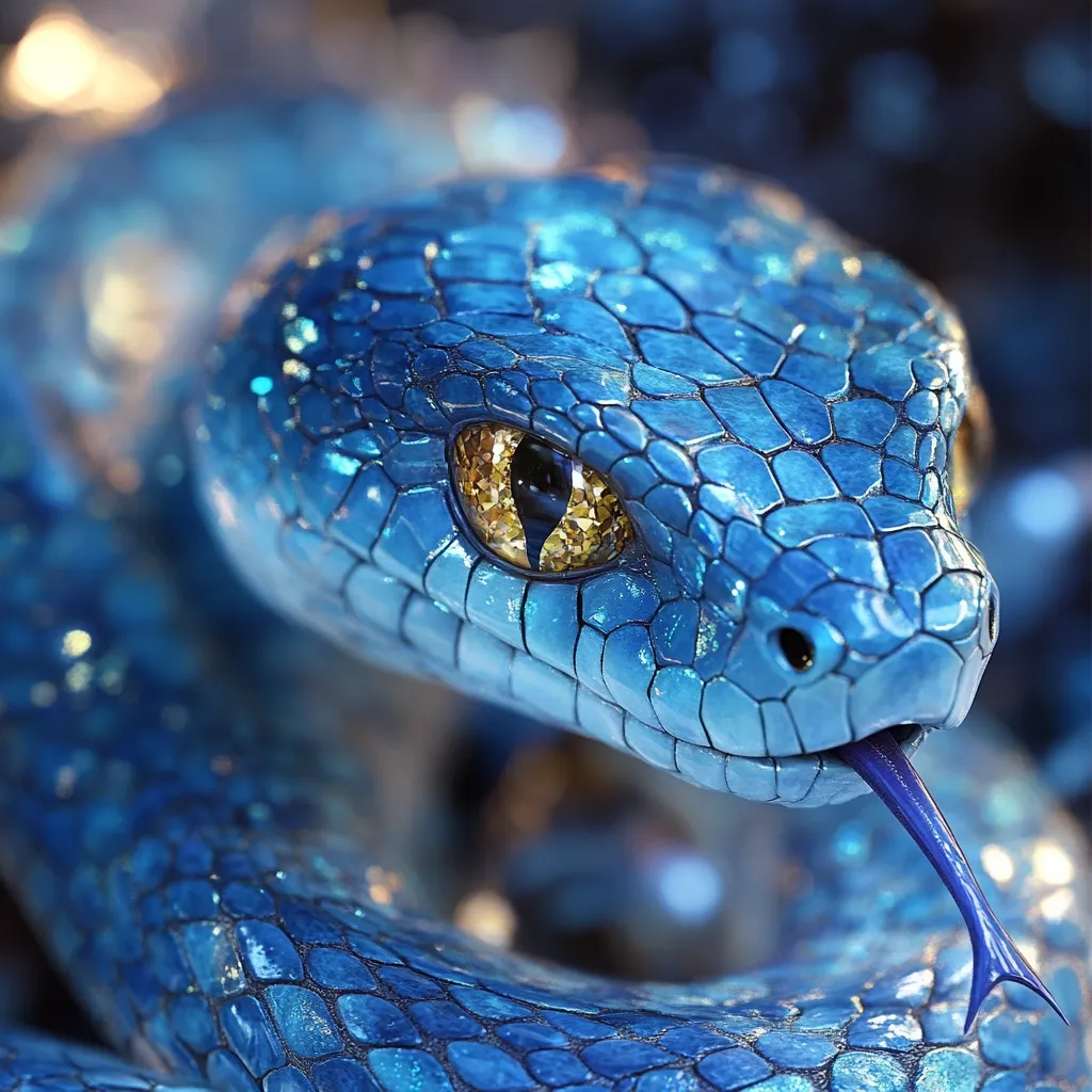 A close-up shot of a vibrant blue snake with a golden eye and a forked tongue. The snake's scales are textured and shimmer, highlighting its intricate pattern. The focus is on the snake's head, creating a sense of mystery and intrigue. The background is blurred, emphasizing the snake's sharp features.