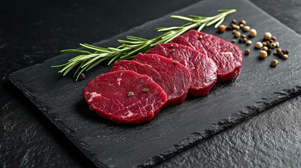 Four raw beef steaks are arranged on a black slate serving board, with a sprig of rosemary and peppercorns scattered around them. The steaks are a vibrant red, suggesting freshness and quality. The dark background emphasizes the rich color of the meat. The image evokes a sense of anticipation for a delicious meal.