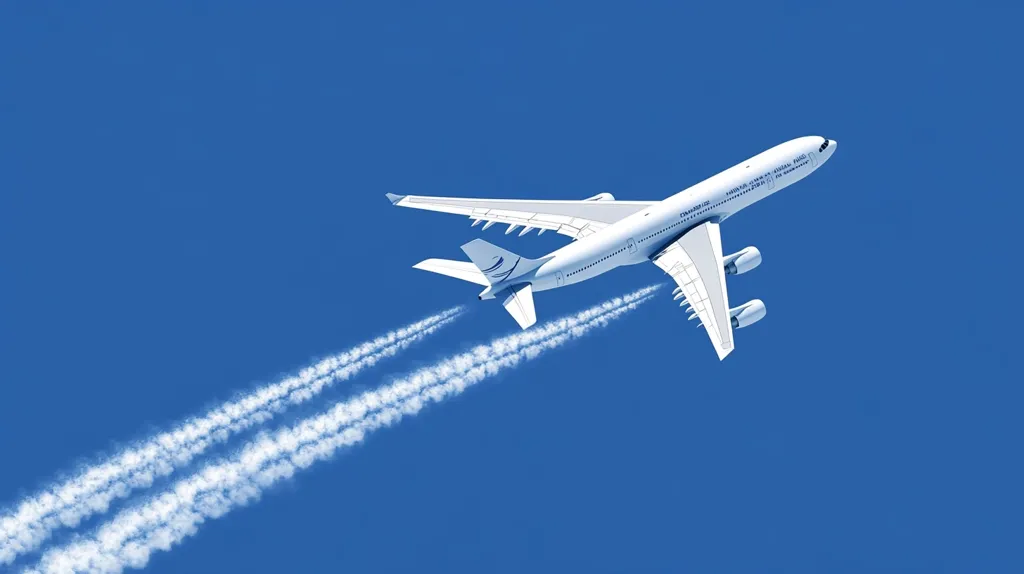 A white airplane with its wings spread wide flies high in a clear blue sky. Its engines leave behind two long, thin trails of white smoke. The airplane is positioned at a slight angle, giving it a dynamic and powerful appearance. The vastness of the sky creates a sense of freedom and adventure.